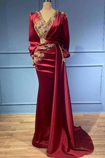 Modern V-Neck Red Long Sleeve Evening Gown | Crystal Ball Gown