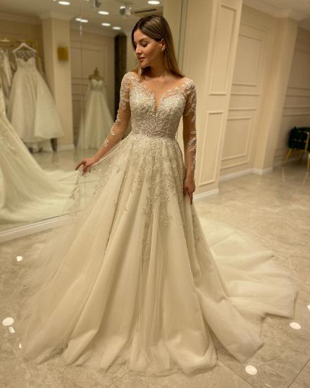 Designer lace V-neck long-sleeved wedding dress | A-line long-sleeved wedding dress with tail_3