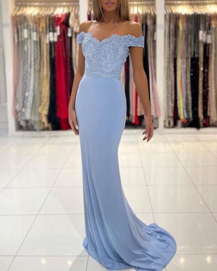 Blue Mermaid Lace Off Shoulder Long Evening Gown | Lace Back to School Dress_2