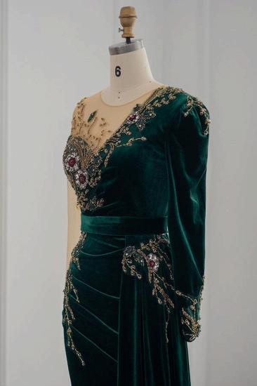 Dark Green Long Sleeve Jewel Appliqu茅d Mermaid Evening Gown Prom Dress_5