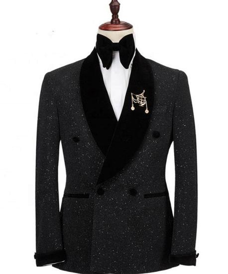 Unique Shawl Lapel Double Breasted Mens Wedding Suit In Bright Black