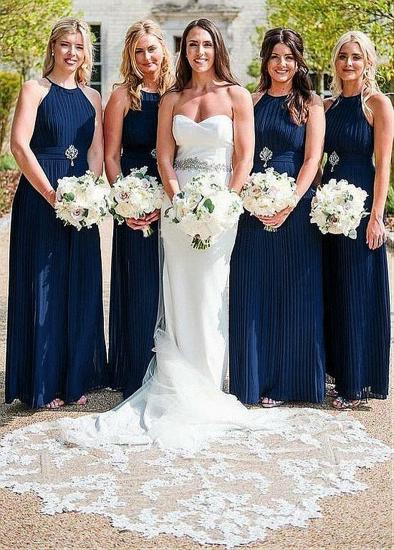 Dark Blue Chiffon Pleated A-line Bridesmaid Dress With Beading