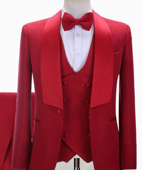 Solid Red Slim Fit Men's Wedding Suit | Shawl Silk Lapel Men's Three-Piece Set