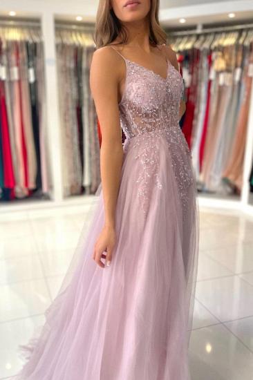 Pink Spaghetti Strap V-neck Tulle Long Slit Evening Dress With Beading_5
