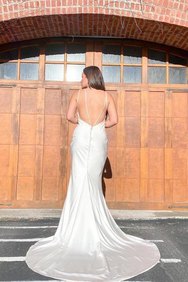 Simple White Spaghetti Strap Open Back Satin Mermaid Floor Length Wedding Dress_2