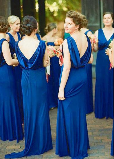 Cheap Spandex V-neck Blue Floor Length Sheath Bridesmaid Dress_2