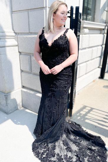 Black V-Neck Spaghetti Strap Backless Tulle Lace Long Mermaid Ball Gown