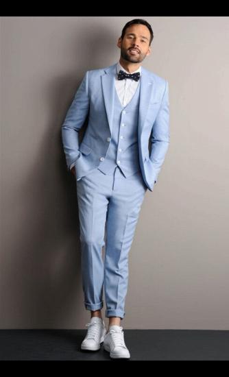 Summer Sky Blue Three-Piece Suit | Stylish Slanted Lapel Men's Suit