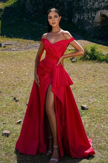 Off-shoulder slit front satin long ball gown with ruffles