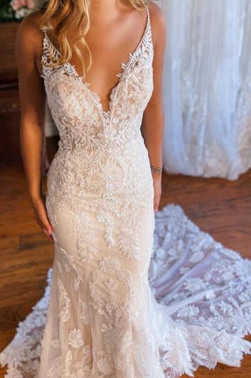 Lace V-Neck Backless Mermaid Wedding dresses_3