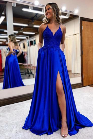 Royal Blue Spaghetti Strap A Line V Neck Side Slit Prom Dress Evening Gown