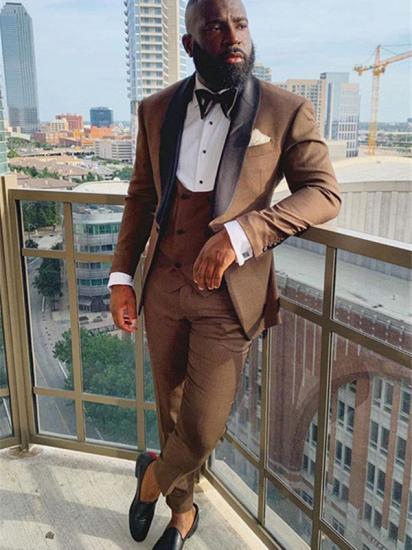 Trendy Brown Men's Three-Piece Suit | Black Shawl Lapel Wedding Suit Online