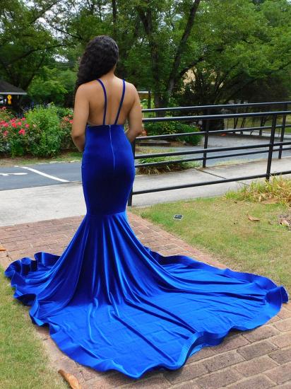 Sexy Blue V-Neck Spaghetti Strap Ball Gown with Flowers | Mermaid Ball Dress_4