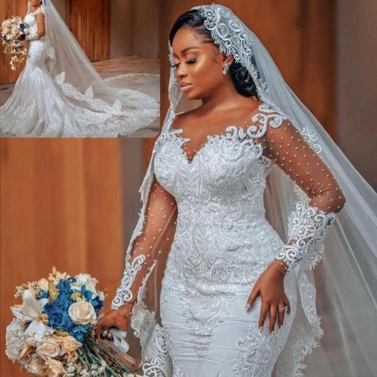 Gorgeous Long Sleeve Pearl Lace Applique Mermaid Wedding Dress_5
