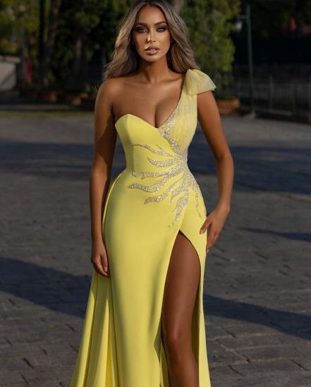 One Shoulder Floral Lace Slit Prom Dress with Sequins_2