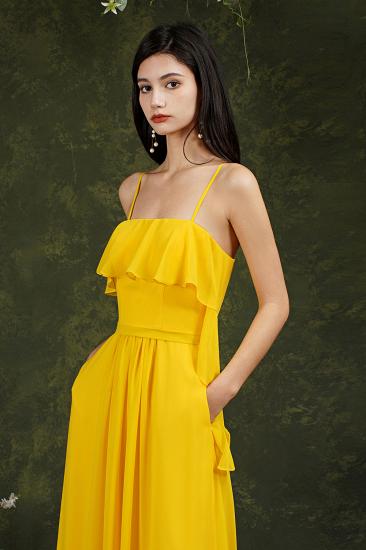Bridesmaid Dress With Line Neck Chiffon Yellow With Pocket Ruffles_8