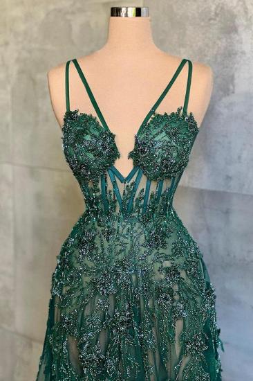 Sexy V-neck Green Lace Prom Dress_2