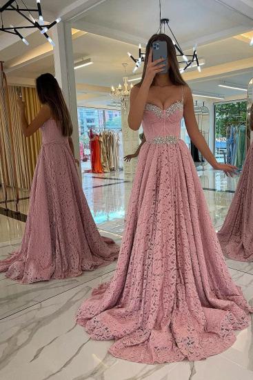 Designer Sweetheart A-Line Evening Dress in Lace | Long Pink Ball Gown