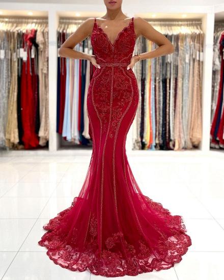 Shiny Red V-Neck Lace Long Prom Dress | Cheap Mermaid Evening Dresses_3