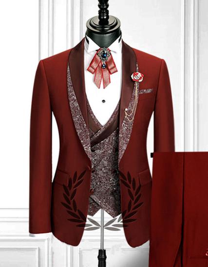Red stitching shawl lapel men's suit with double-breasted vest | 3-piece suit for men