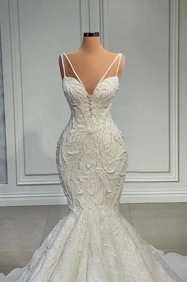 Luxury Spaghetti Strap Sweetheart Mermaid Lace Wedding Dress_2