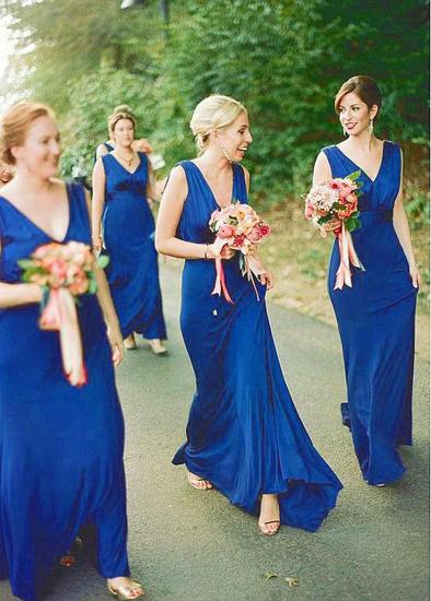 Cheap Spandex V-neck Blue Floor Length Sheath Bridesmaid Dress
