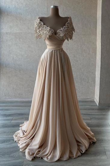 Elegant Cap-Sleeve A-Line Evening Gown | Neck Applique Ball Gown