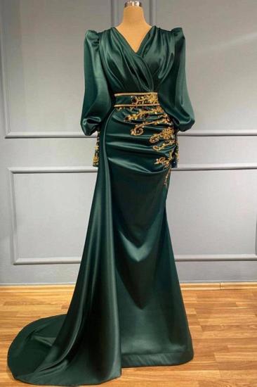 Dark Green Puff Sleeve V Neck Long Prom Dress | Cheap Evening Dresses
