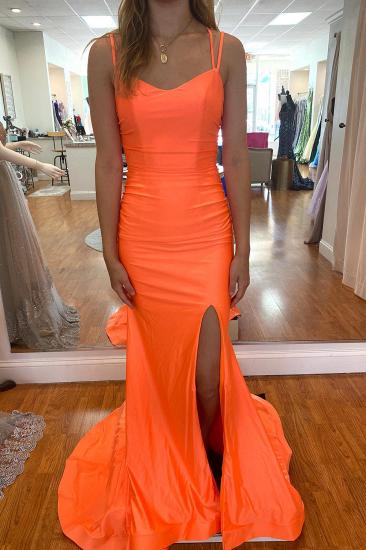Simple orange spaghetti strap slit strap prom dress | backless mermaid prom dress