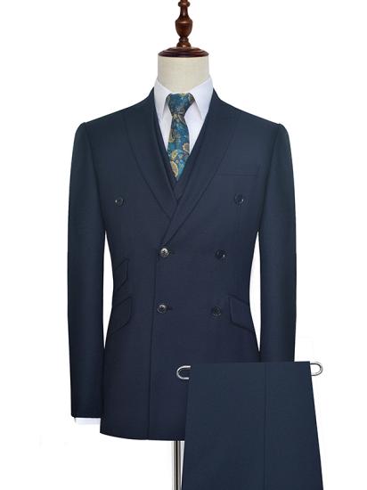 Peak Lapel Double Breasted Men's Formal Business Suit | Dark Navy Covered Pocket Men's Three-Piece Suit
