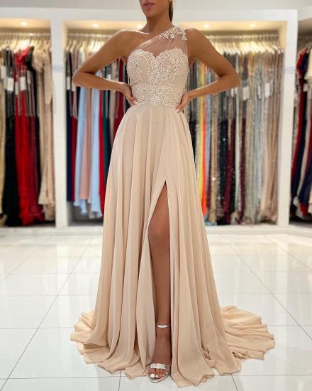 One Shoulder Sweetheart Slit Tulle Ball Gown_3