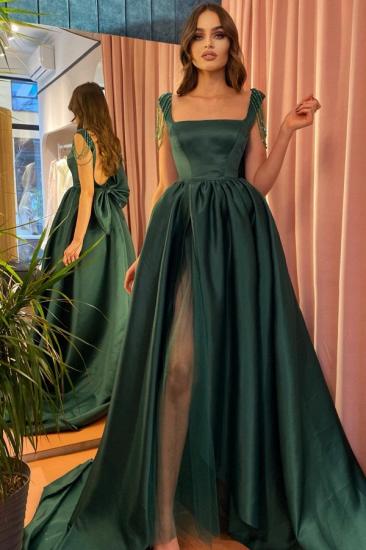 Dark Green Cheap Square Neck A-Line Slit Evening Gown | Wide Strap Prom Dress