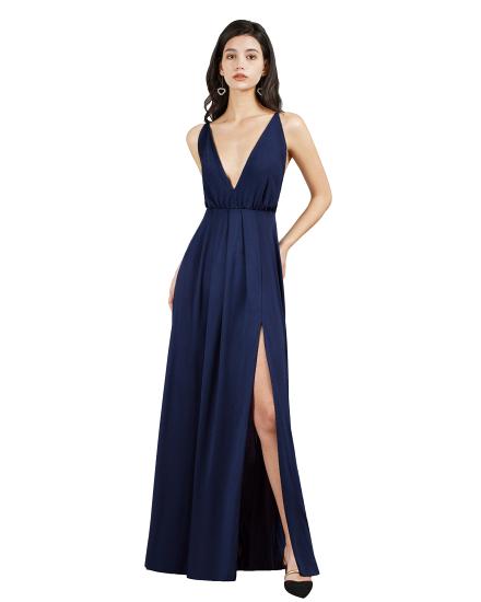 Chiffon Dark Green V-Neck Side Slit Floor Length Prom Dress | Cheap Evening Dresses_2
