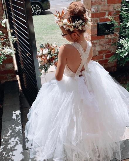 White Cross Bind Lace Layered Tulle Girl Long Sleeveless Gown | Floor Children's Wedding Dress_3