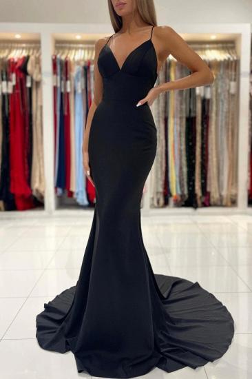 Simple Black Spaghetti Strap V Neck Mermaid Evening Dress | Cheap Long Prom Dresses