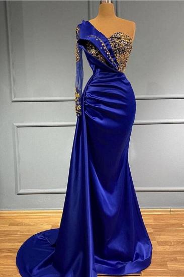 Royal Blue Single Long Sleeve Floor Length Evening Gown | Ball Gown with Beadwork