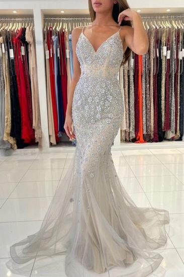 Sexy V-neck Skinny Strap Lace Mermaid Ball Gown_2