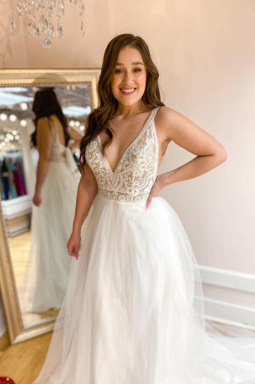 Romantic A-line V-neck spaghetti strap tulle floor-length wedding dress | Sexy backless wedding dress