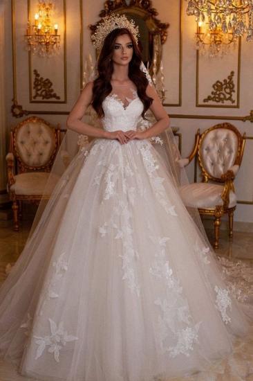 Romantic A-Line Heart Neck and Floor V Neck Lace Wedding Dress