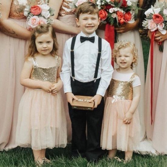 Sequins Bind Tulle Flower Girl Dress Tea Length | Champagne Children's Wedding Dress_2