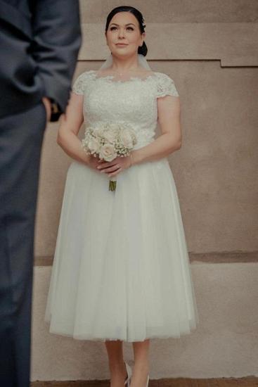 Lace Tea-Length Short Sleeves A-line Wedding dresses | Short Wedding Dress