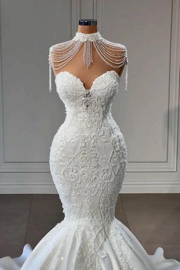 Luxurious Halter Neck Sweetheart Mermaid Lace Wedding Dress with Beads_2