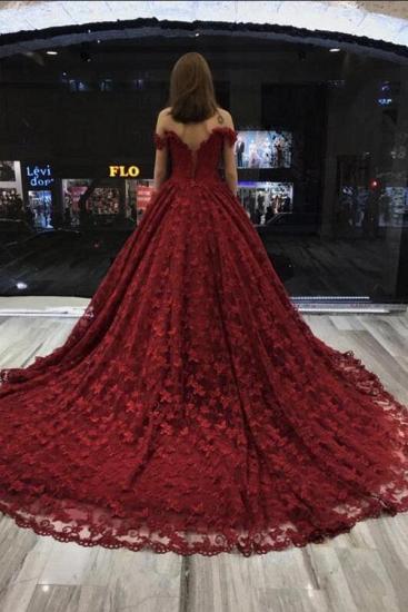 Red Off-shoulder A-line Lace Wedding Dress With Flowers_2