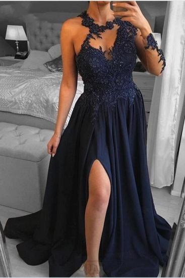 Navy Side Slit Long Sleeve Illusion Ball Gown | Long Lace Ball Gown_3