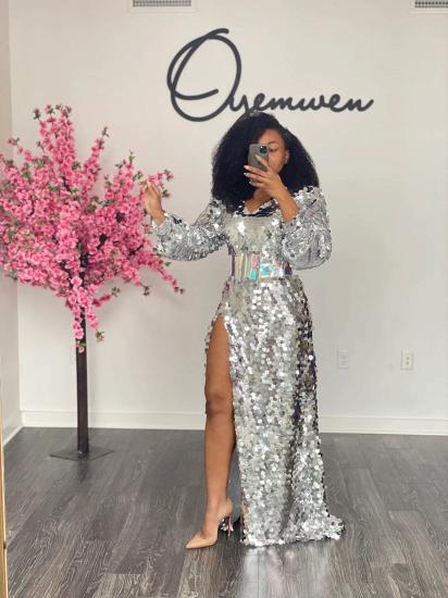 Sexy sequins high split long-sleeved party gown | sparkle ball gown_4