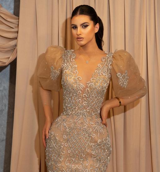 V-Neck Puff Sleeve Champagne Long Evening Gown | Lace Ball Gown_2