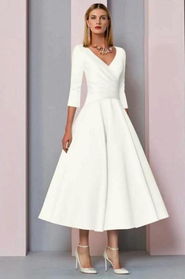 Simple V-neck Long Sleeve Tea Long Style Wedding Dress