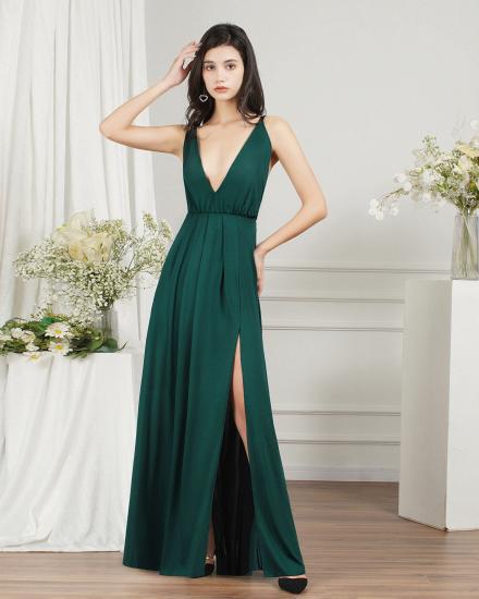 Chiffon Dark Green V-Neck Side Slit Floor Length Prom Dress | Cheap Evening Dresses_6