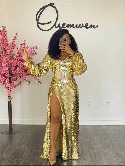Sexy sequins high split long-sleeved party gown | sparkle ball gown_3