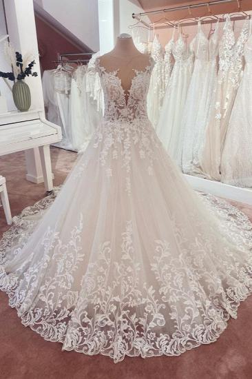 Beautiful A-line trailing lace wedding dress | Round neckline illusion wedding dress